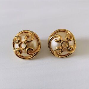 Vintage Carol Lee Faux Pearl and Gold Swirl Earrings- Pierced Ears
